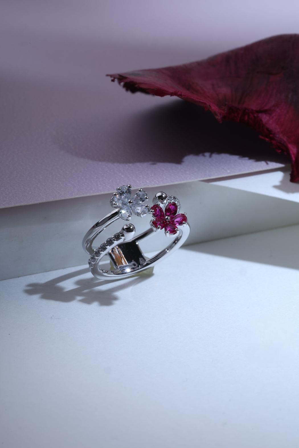 Ruby and diamond double band flora ring